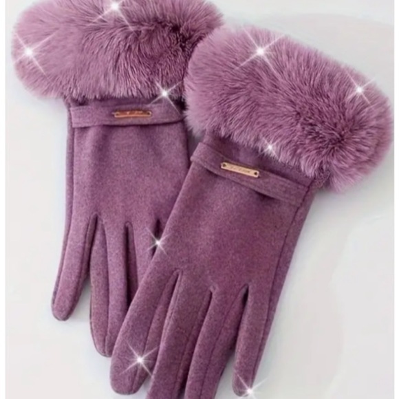 WARM WINTER DRIVING GLOVES PURPLE FAUX FUR TRIMMED TOUCH SCREEN 2 FINGERS - Picture 1 of 6